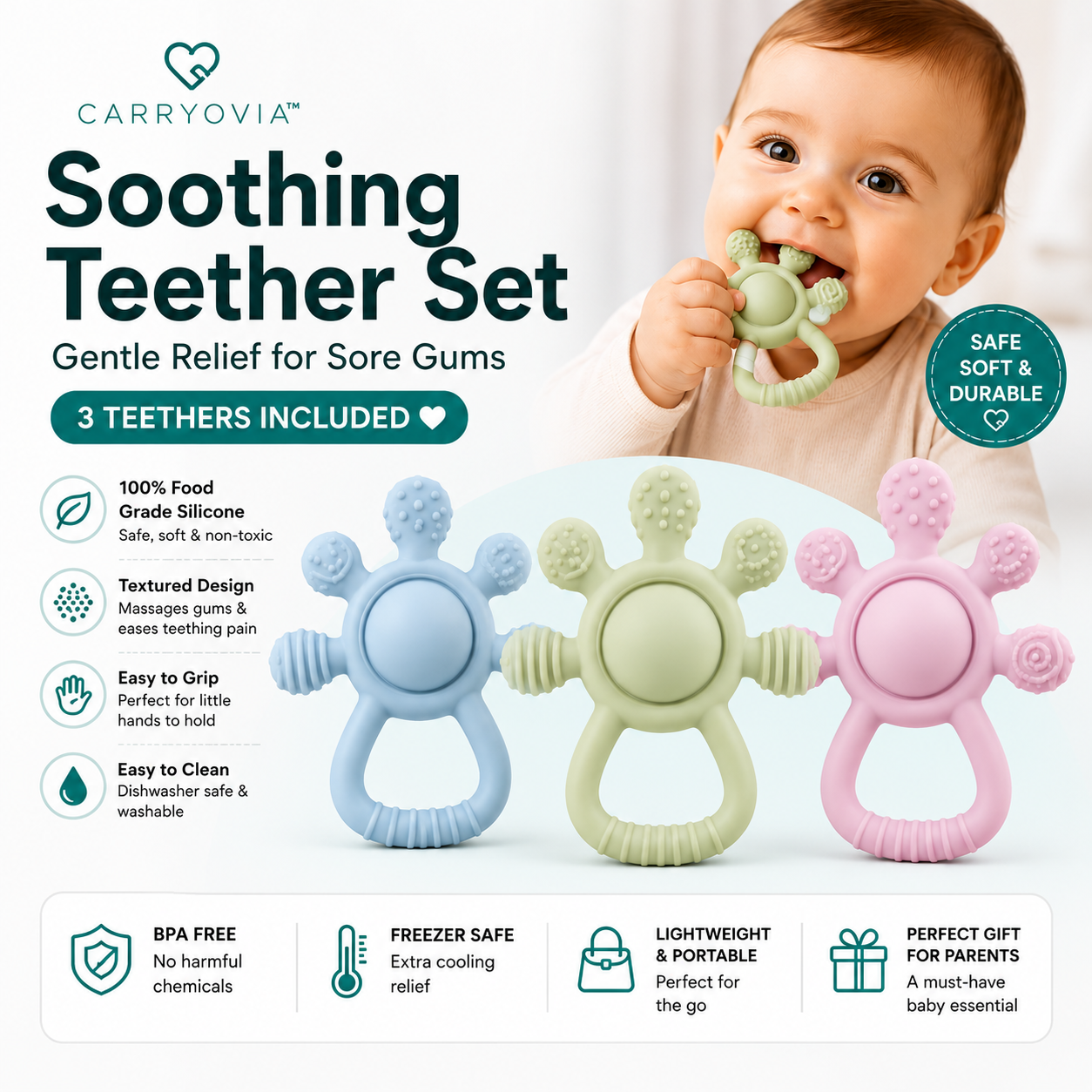 Carryovia™ Silicone Soothing Teether Set (3 Pack) BPA-free
